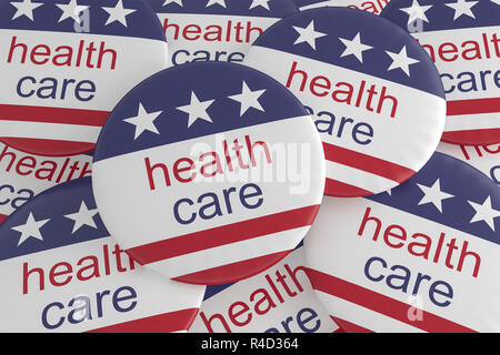USA Politik Nachrichten Abzeichen: Stapel von Health Care Tasten mit US-Flagge, 3D-Darstellung Stockfoto