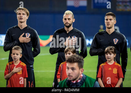 ZAGREB, KROATIEN - 15. NOVEMBER 2018: UEFA Nationen Liga Fussball Spiel Kroatien gegen Spanien. Kroatien Spieler Aufstellung Stockfoto