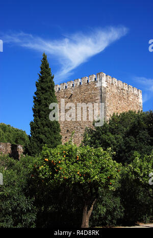 Portugal, Alentejo, Vila Vicosa. Das mittelalterliche Schloss und die umliegenden Gärten. Strahlend blauer Himmel und schöne Cirrus cloudscape. Stockfoto