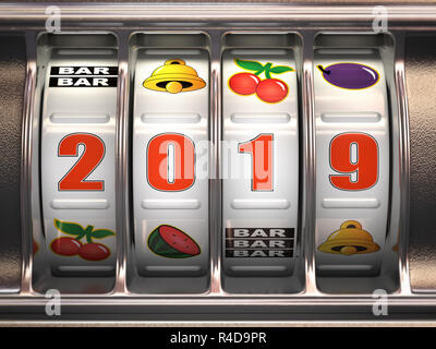 Frohes Neues Jahr 2019 im Casino. Slot Maschine mit Jackpot Zahl 2019. 3D-Darstellung Stockfoto