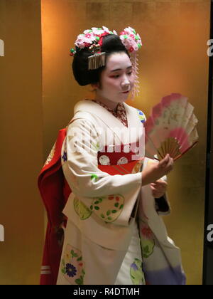 Eine 16 Jahre alte Maiko (Azubi Geisha) in voller Tracht, in der Gastfreundschaft und Unterhaltung Industrie in modernen Kyoto, Japan arbeiten Stockfoto