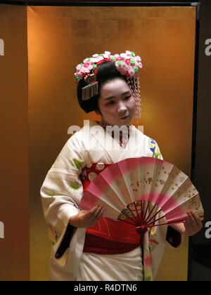 Eine 16 Jahre alte Maiko (Azubi Geisha) in voller Tracht, in der Gastfreundschaft und Unterhaltung Industrie in modernen Kyoto, Japan arbeiten Stockfoto