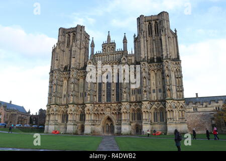 13. Jahrhundert nach Westen vor Wells Cathedral. Eine anglikanische Kirche des heiligen Apostels Andreas gewidmet. Wells, Somerset, England, UK. Stockfoto