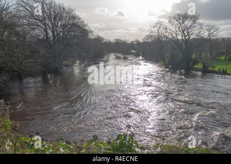 Skibbereen, West Cork, Irland, 27. November 2018. Die Übernachtung sintflutartige Regenfälle verursacht den Fluss Kaiser über Skibbereen seine Banken zu platzen. So weit die neue Hochwasserschutz für die Stadt arbeiten, aber mehr Regen kann Sie auf eine harte Probe gestellt. Credit: aphperspective/Alamy leben Nachrichten Stockfoto