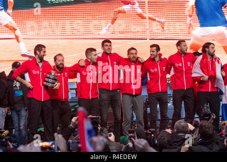 Zagreb, Kroatien. 26. Nov 2018. Kroatischen tennis Team nach dem Sieg beim Davis Cup 2018 in Lille, Frankreich, auf Willkommen zu Hause Feier auf Platz Ban Jelacic in Zagreb, Kroatien. Credit: Ivan Smuk/Alamy leben Nachrichten Stockfoto