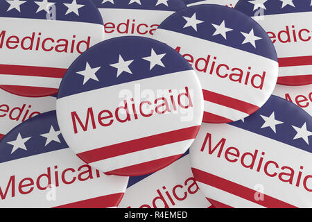 USA Politik Nachrichten Abzeichen: Stapel von Medicaid Tasten mit US-Flagge, 3D-Darstellung Stockfoto