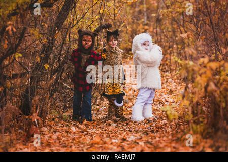 Drei Kinder stehen in einem Wald in Halloween Kostüme gekleidet, United States Stockfoto