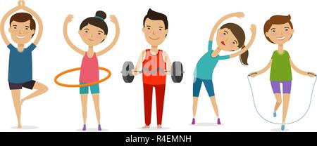 Leute im Sport beteiligt. Fitness, Gymnastik, gesunden Lebensstil Konzept. Cartoon Vector Illustration Stock Vektor