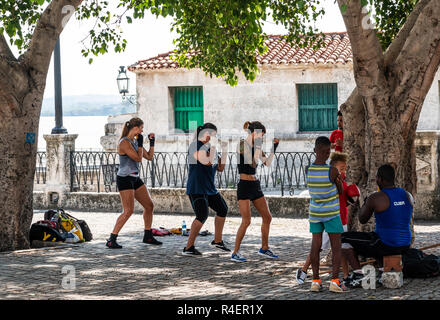 Havanna, Kuba - vom 25. Juli 2018: Drei Frauen und zwei Kinder lernen, wie man außerhalb vom Wasser unter einem Baum in Havanna, Kuba. Stockfoto