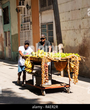 Havanna, Kuba - vom 25. Juli 2018: Zwei Männer sind Verkauf von Obst aus einem Warenkorb Sie hinunter die Straße in Havanna, Kuba. Stockfoto