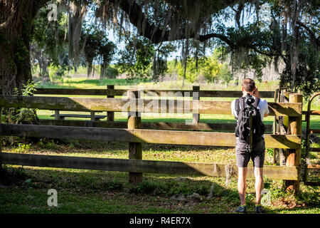 Zurück junger Mensch, Natur Fotograf stehend, die Bilder von Landschaft in Gainesville, USA Paynes Prairie Preserve State Park in Florida, woode Stockfoto