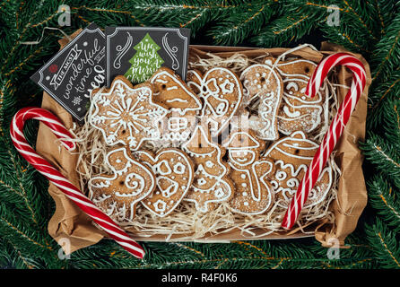 Geschenk Box mit Weihnachten Lebkuchen cookies, Zuckerstangen und Geschenkkarten mit Weihnachtsgrüße mit grünen Tannenzweigen umgeben. Flach. Top Stockfoto