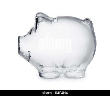 Seitliche Sicht auf Leere transparente Sparschwein isoliert auf weißem Stockfoto