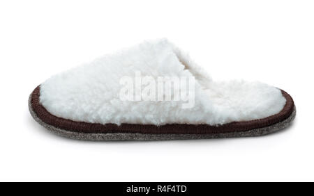 Seitenansicht des einzigen weißen Fell Pantoffel isoliert auf weißem Stockfoto