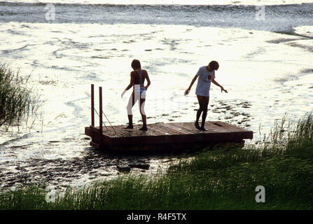 Spielen im Schlamm auf einer Schwimmen bei Ebbe in Boothbay, Maine, USA Stockfoto