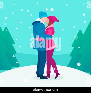 Weihnachten und Neujahr Grußkarte mit junges Paar in Liebe Küssen im Freien. Vector Illustration mit Winter Forest auf Hintergrund Stock Vektor