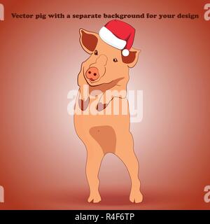 Das kleine Schweinchen in den Hut Santa Claus, hielt seine Hand im Vektor, steht und winkte seinen Huf Stock Vektor