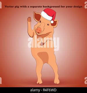 Das kleine Schweinchen in den Hut Santa Claus, hielt seine Hand im Vektor, steht und winkte seinen Huf Stock Vektor