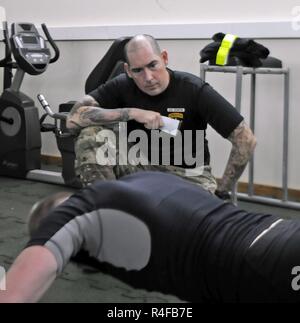 RUKLA, Litauen - Staff Sgt. Ian Redmond, eine Aufklärung und Überwachung Leader Kursleiter von Delta Unternehmen 3. Staffel, 16 Kavallerie Regiments, zählt als estnische Cpl. Algis Petrov die Push-ups Okt. 26 Während die Armee körperliche Fitness Test als Teil des Kurses. Der Kurs wird veranstaltet vom 2nd Battalion, 503Rd Infanterie Regiment, 173Rd Airborne Brigade in Litauen und verfügt über Fallschirmjäger aus ihrer Einheit, sowie Soldaten aus Estland, Lettland, Litauen, Polen und der Slowakei. Stockfoto