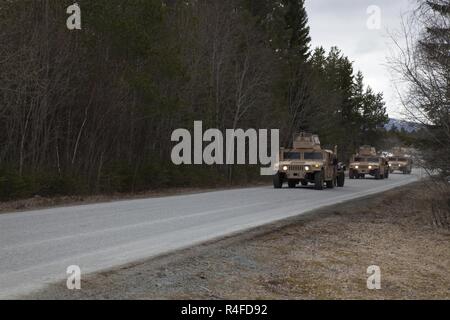 Us-Marines mit 2. Transport Support Bataillons, Bekämpfung der Logistik Regiment 2, 2 Marine Logistics Group einen Konvoi von Humvees als Teil der strategischen Mobilität Übung 17 (STRATMOBEX) in Frigaard, Norwegen, 3. Mai 2017 verschieben. STRATMOBEX wurde durchgeführt, um die Reaktionsfähigkeit der Kraft zu analysieren für zukünftige Kontingenz Operationen mit der Marine Corps Vorpositionierung Programm in Norwegen (MCPP-N). MCPP-N erstellt strategische Optionen für die Verteidigung der NATO-Verbündeten und Partnern durch die Bereitstellung regionaler unterstützen. Stockfoto