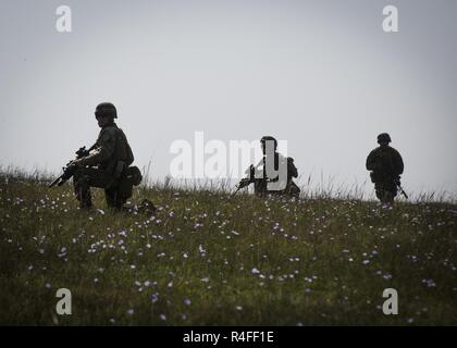 Us-Marines mit Marine Drehkraft Europa 17.1 bewegen sich bei einem platoon Angriff für Übung Platinum Eagle 17.2, am Babadag, Rumänien, 3. Mai 2017. Der Angriff enthalten Indirektes Feuer unterstützende Elemente und ein Schwerpunkt der gewehrschützen mit Fähigkeiten und Taktiken, die über die Ausübung Angriff eine Position zu erfahren. Eine US-Präsenz in der Region um das Schwarze Meer erhöht wesentlich die Zusammenarbeit zwischen Militärs an Ausbildungsmaßnahmen und Übungen, durch die sie ihre militärischen Fähigkeiten und die Interoperabilität zu entwickeln. Stockfoto