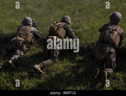 Us-Marines mit Marine Drehkraft Europa 17.1 halten die Sicherheit während ein Trupp Angriff für Übung Platinum Eagle 17.2, am Babadag, Rumänien, 3. Mai 2017. Der platoon Angriff war der Höhepunkt des multilateralen Übung. Das Training und die Taktik der Marines mit NATO-Verbündeten und Partner Nationen durchgeführt wurden während der Live-fire Bereich verwenden kann. Partnerschaften von multinationalen Übungen wie diese gebildet, und militärische Ausbildung Engagements sind entscheidend im Umgang mit regionalen Fragen und Wahrung des Friedens im östlichen Europa. Stockfoto