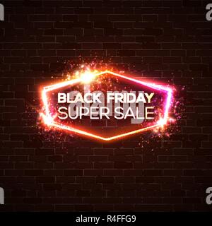 Schwarzer Freitag super sale Hintergrund. Festliche Ermäßigungskarte Dark Red brick wall. Neonlicht verkauf Banner mit Schein bokeh Feuerwerk. Elektrische Straßenschild mit Explosion. Bunte Vektor illustration Stock Vektor