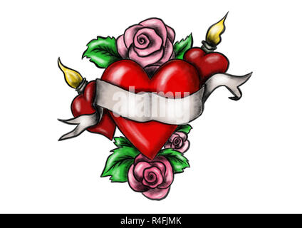 Herz mit Schleife, umgeben von Rosen Stockfoto