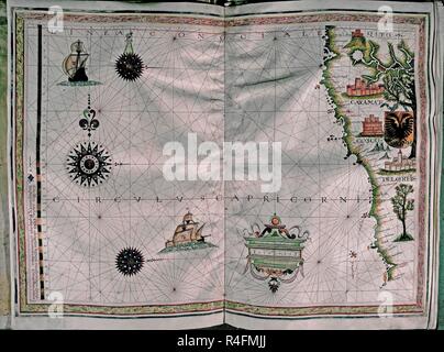 MAPA DE LA COSTA DEL PACIFICO - AMERICA DEL SUR-ATLAS PORTULANO-1568. Autor: VAZ DOURADO FERNAO. Standort: Private Collection. MADRID. Spanien. Stockfoto