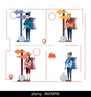 Gruppe von Touristen und Symbole Vector Illustration Design Stock Vektor