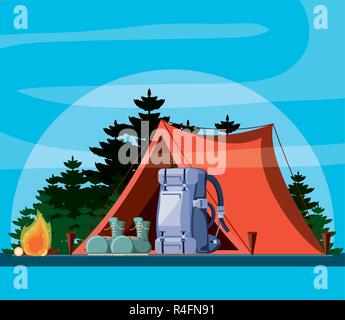 Camping mit Zelt und Landschaft Vector Illustration Design Stock Vektor