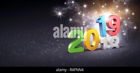 Neues Jahr 2019 bunte Datum Vor 2018 endet, glitzernde auf einer festlichen schwarzen Hintergrund - 3D-Darstellung Stockfoto