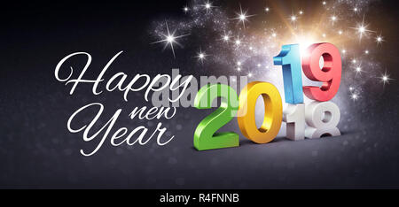 Glückliche Grüße und Neues Jahr 2019 bunte Datum Vor 2018 endet, glitzernde auf einer festlichen schwarzen Hintergrund - 3D-Darstellung Stockfoto