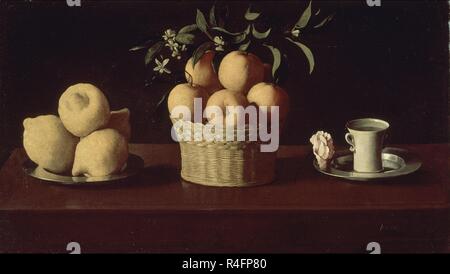 Spanish School. Stilleben mit Zitronen und eine Rose. Naturaleza muerta con Limones y Una Rosa. 17. Jahrhundert. Öl auf Leinwand. Los Angeles (Californie), privaten Sammlung. Autor: ZURBARAN, FRANCISCO DE. Standort: Private Collection. LOS ANGELES - Kalifornien. Stockfoto