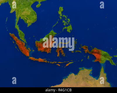 Indonesien aus dem Weltraum in Rot Stockfoto