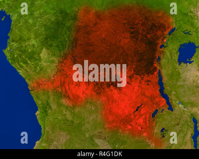 Demokratische Republik Kongo aus dem Weltraum in Rot Stockfoto