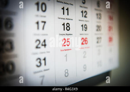 25 Dezember markiert den polnischen Kalender Stockfoto