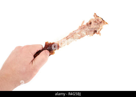 Close Up und isolierte Bild von Hand eine Holding knabberte Türkei Bein auf weißem Hintergrund. Stockfoto