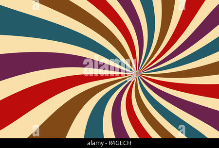 Retro starburst oder sunburst Hintergrund Muster mit einem dunklen vintage Farbpalette von Rot Lila Blau Braun und Beige in einer Spirale oder Wirbelte Linie Stockfoto