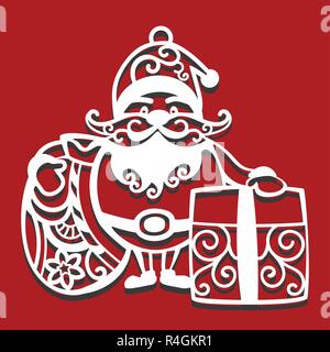 Weihnachtsmann mit Sack und Geschenk für Laserschneiden. Neues Jahr Karte Stock Vektor
