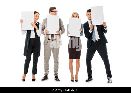 Executive Business Team Holding leere Plakate isoliert auf weißem Stockfoto