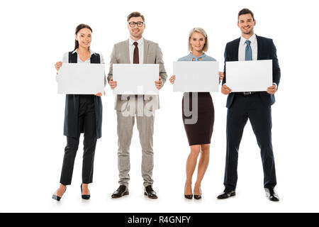 Lächelnd Business Team Holding leere Karten isoliert auf weißem Stockfoto