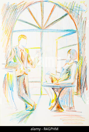 Der Mann und die Frau in ein Restaurant. Der Mann an der Bar, die Frau hinter dem Schreibtisch Stockfoto