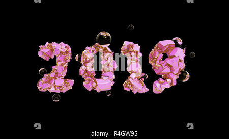Frohes Neues Jahr Banner mit 2019 trendy pink Farbe Zahlen durch zerbrochene Risse im Stein isoliert auf rosa Hintergrund mit fliegenden Glaskugeln. abstrakten 3D-Darstellung Stockfoto