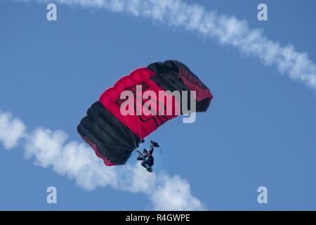 Der Soldat mit dem Schwarzen Dolche, die offizielle U.S. Army Special Operations Command Parachute Demonstration Team, Sprünge in der für die Eröffnungsfeier der South Carolina Guard Luft & Boden Expo bei McEntire Joint National Guard Base, South Carolina, 6. Mai 2017. Diese Expo ist die Fähigkeiten von South Carolina National Guard Flieger und Soldaten zur Schau zu stellen und sagen Danke für die Unterstützung von Kollegen Südcarolinians und der umgebenden Gemeinschaft. Stockfoto