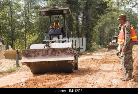 South Carolina National Guard Sgt. Shenna Taylor, eine schwere Ausrüstung Fahrer mit der 1782Nd Ingenieur Gesellschaft, treibt eine rollende Walze während der örtlichen Straße Reparaturen in Ruby, South Carolina nach dem Hurrikan Florence Sept. 30, 2018. Mehr als 800 Gardisten bleiben auf Pflicht als lokale Grafschaften über nehmen Wiederaufnahme Bemühungen. Stockfoto