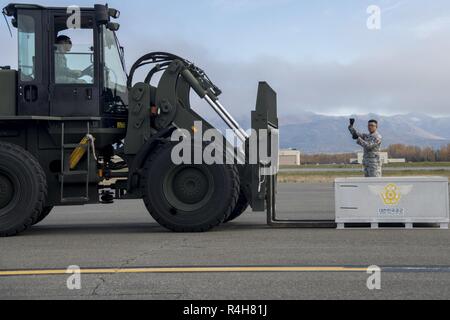 Us Air Force Staff Sgt. Jonathan Armstrong, eine dokumentierte Fracht noncommissioned Officer mit der 374 Logistik Bereitschaft Squadron, Yokota Air Base, Japan, gibt Anweisungen zum Senior Airman Thomas Scholtz, ein Ground Transportation Fahrer mit den 35 Logistik Bereitschaft Squadron, Misawa Air Base, Japan, als er einen 10 k geländegängige Gabelstapler, während der Roten Flag-Alaska 19-1 bei Joint Base Elmendorf-Richardson, Alaska, Okt. 1, 2018 betreibt. Red Flag-Alaska ist ein Pacific Air Kräfte - Regie Feld Training für internationale und US-amerikanische Truppen unter simulierten Luftkampf co geflogen Stockfoto