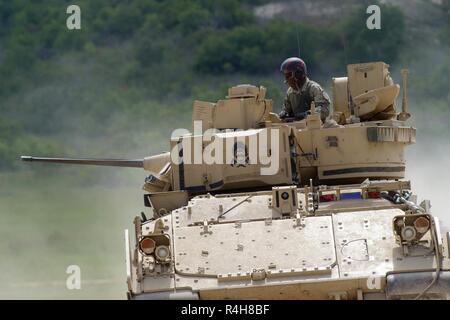 Ein Bradley mit einem CO.6 Squadron, 9th Cavalry Regiment, 3. gepanzerte Brigade Combat Team, 1.Kavallerie Division Manöver während einer kombinierten Waffen live-Feuer. Die greywolf Brigade führte die Feuerwehr übung Bewertung, wie Pegasus Schmiede III, ab Sept. 24-Oct4 bekannt. Die Auswertung bescheinigt die Brigade als bereit für Ihre kommende Rotation an der National Training Center in Fort Irwin, Kalifornien. Stockfoto