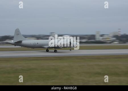 Die Royal Australian Air Force AP-3C Orion Seeüberwachungsflugzeuge fährt Kadena Air Base, Japan, Oktober 3, 2018. Der raaf Orions werden von bis zu 15 Boeing P-8 Poseidons und sechs bis acht MQ-4C Triton mit der Absicht, die Orion zu, bis 2019 in den Ruhestand ersetzt. Stockfoto