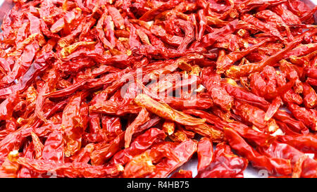 Getrocknete rote Chili als Textur essen Hintergrund, Thai Food Ingredient Stockfoto